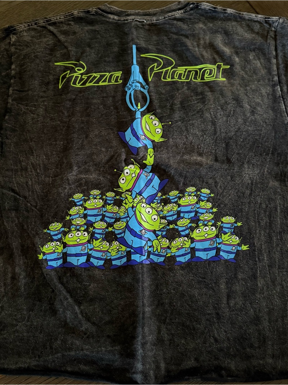 Disney Pizza Planet Toy Story Black Tee with Neon Green & Blue Alien Graphic